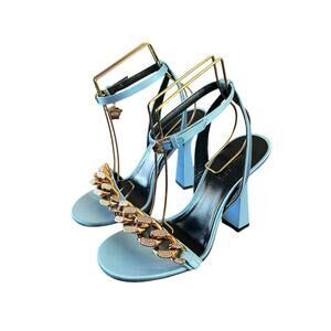 Versace Gold Chain Ankle Strap High Heel Sandals Ice Blue NEW EU 38 US 8